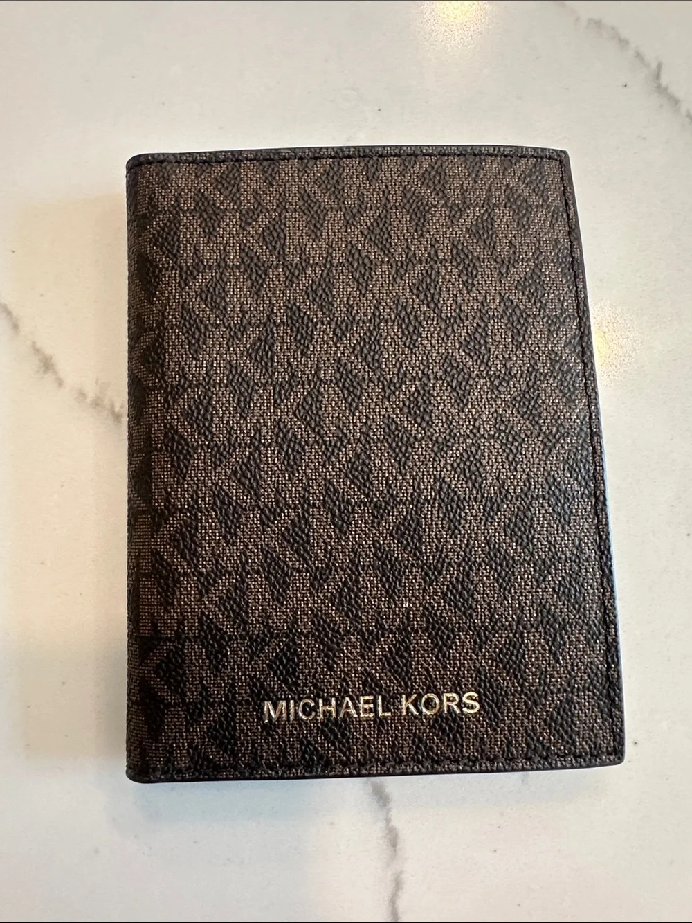 Michael Kors Dark Brown Monogram Card & Passport Holder with Gold Logo